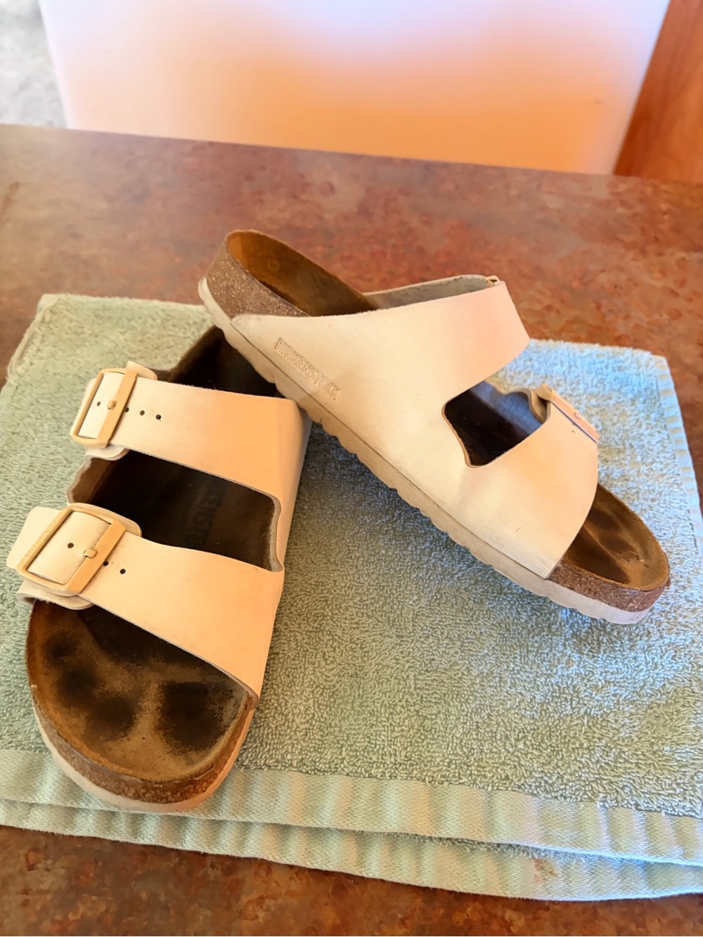 Birkenstock Two-Buckle Slide Sandals in Light Beige